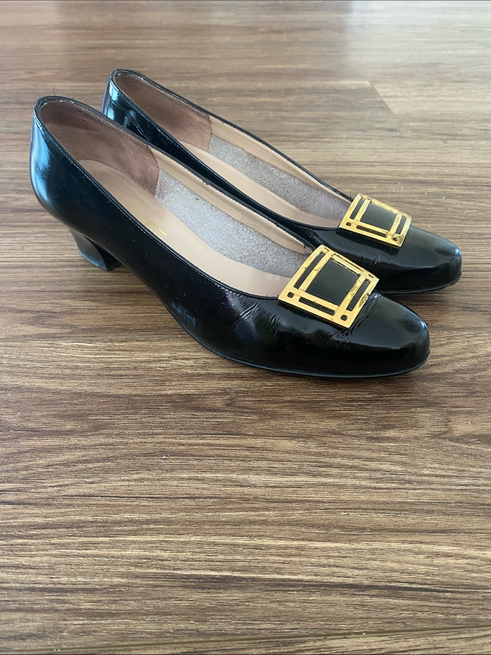 Salvatore Ferragamo Black Patent Leather Pumps with Gold Buckle size 6.5